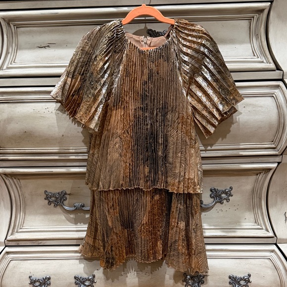 Reiss Metallic Pleated Dress in Brown and Gold